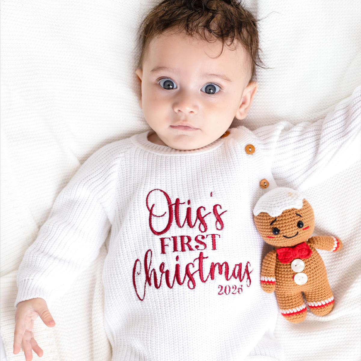 First Christmas 2026 Embroidered Personalised Knitted Romper
