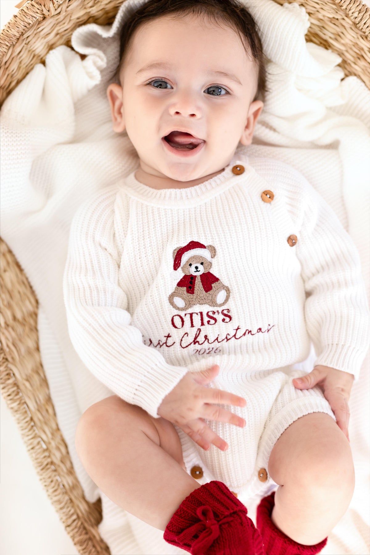 First Christmas Bear Embroidered Personalised Knitted Baby Romper