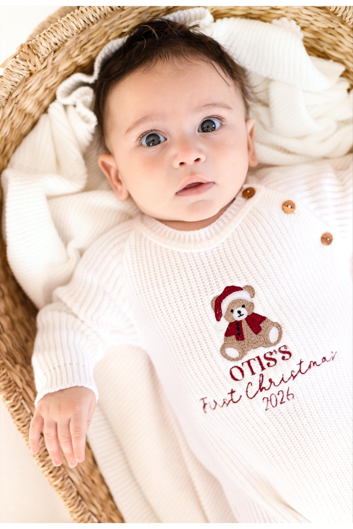 First Christmas Bear Embroidered Personalised Knitted Baby Romper
