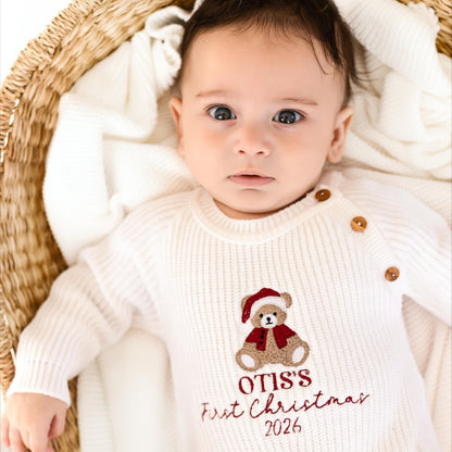 First Christmas 2026 Bear Embroidered Personalised Cardigan