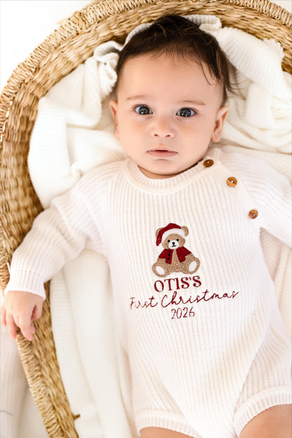 First Christmas Bear Embroidered Personalised Knitted Baby Romper