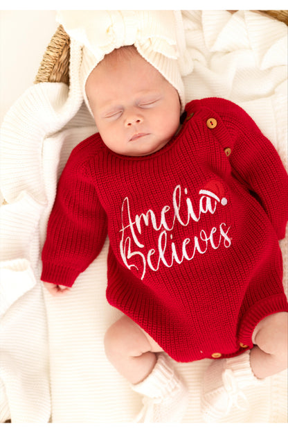Believes Christmas Santa Hat Embroidered Personalised Romper