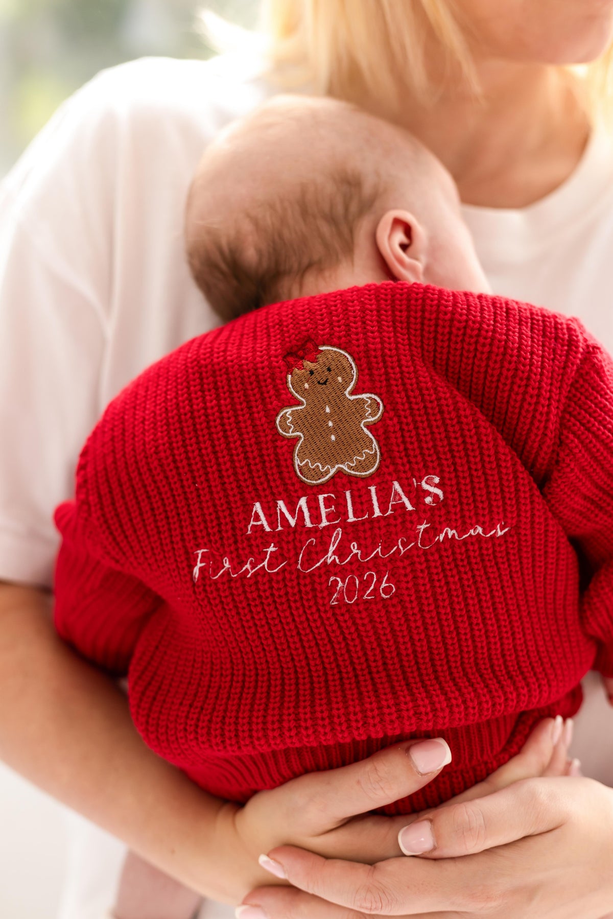 First Christmas Gingerbread Embroidered Personalised Knitted Baby Romper