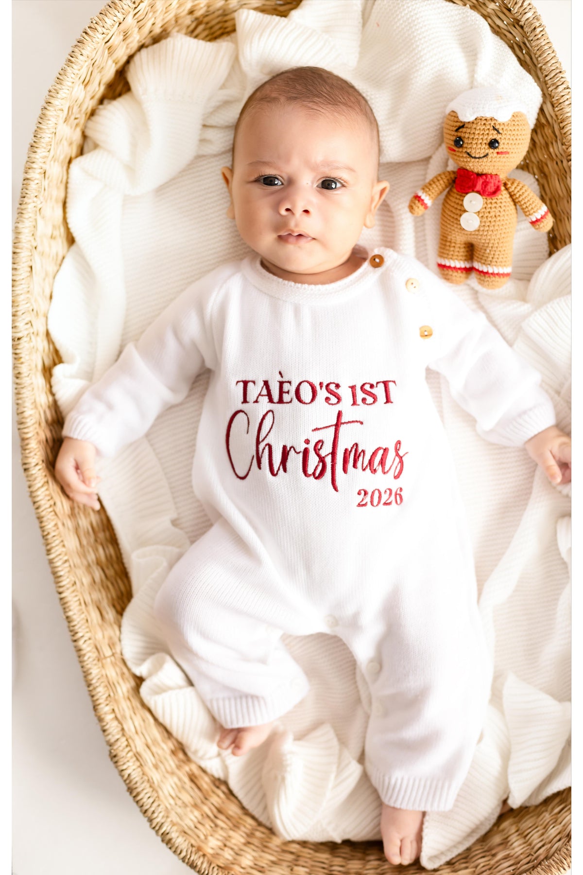 First Christmas 2026 Embroidered Personalised Knitted Full length Romper
