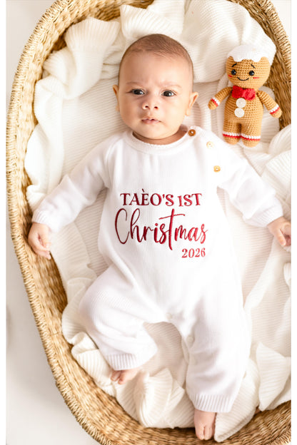 First Christmas 2026 Embroidered Personalised Knitted Full length Romper