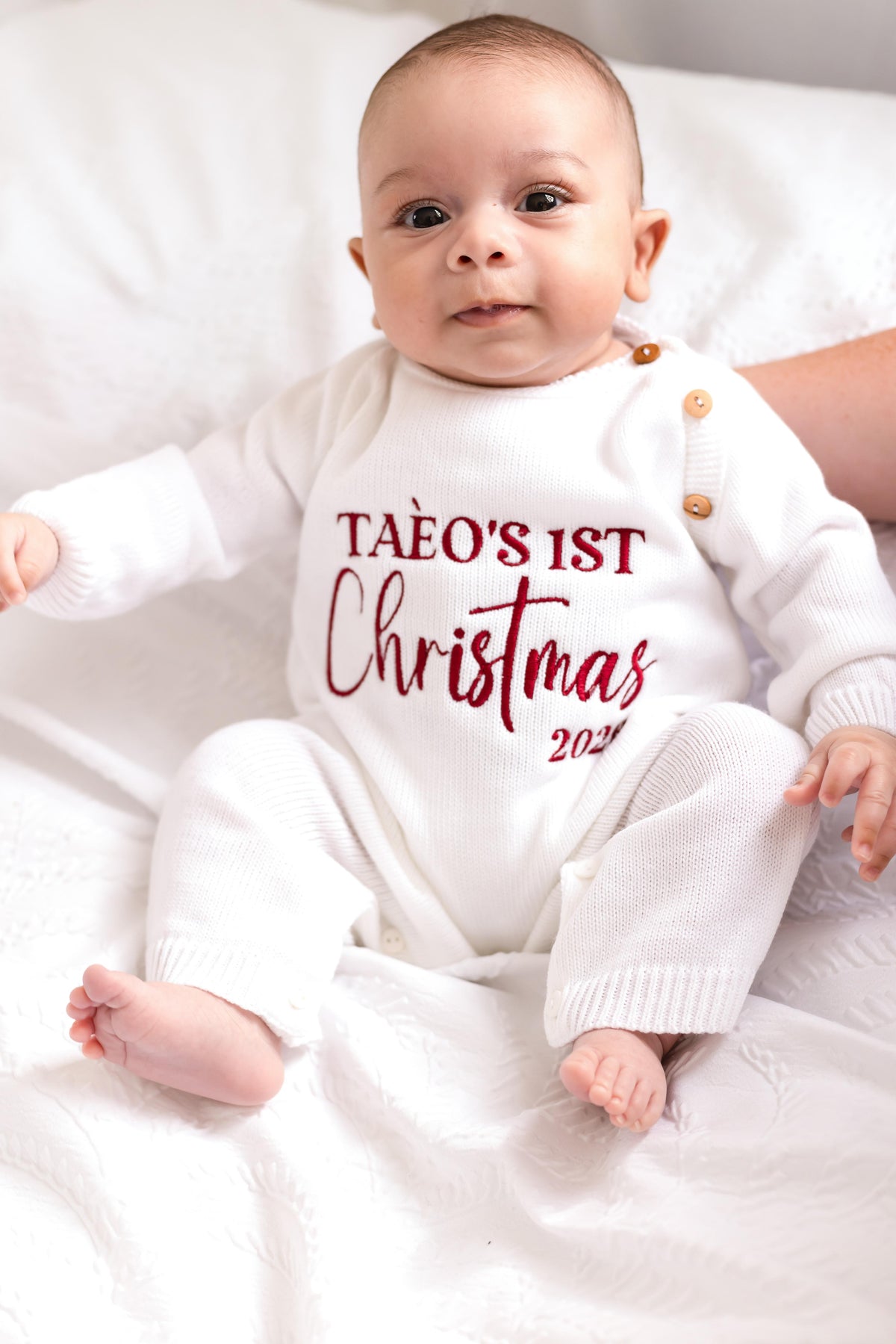 First Christmas 2026 Embroidered Personalised Knitted Full length Romper