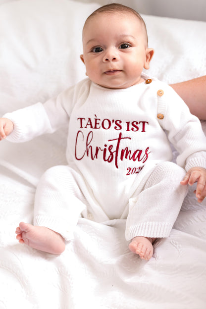 First Christmas 2026 Embroidered Personalised Knitted Full length Romper