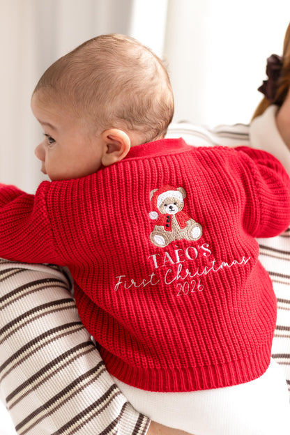 First Christmas 2026 Bear Embroidered Personalised Cardigan