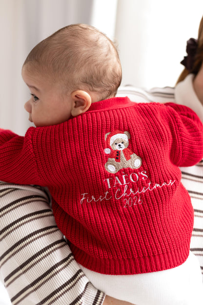 First Christmas Bear Embroidered Personalised Knitted Baby Romper
