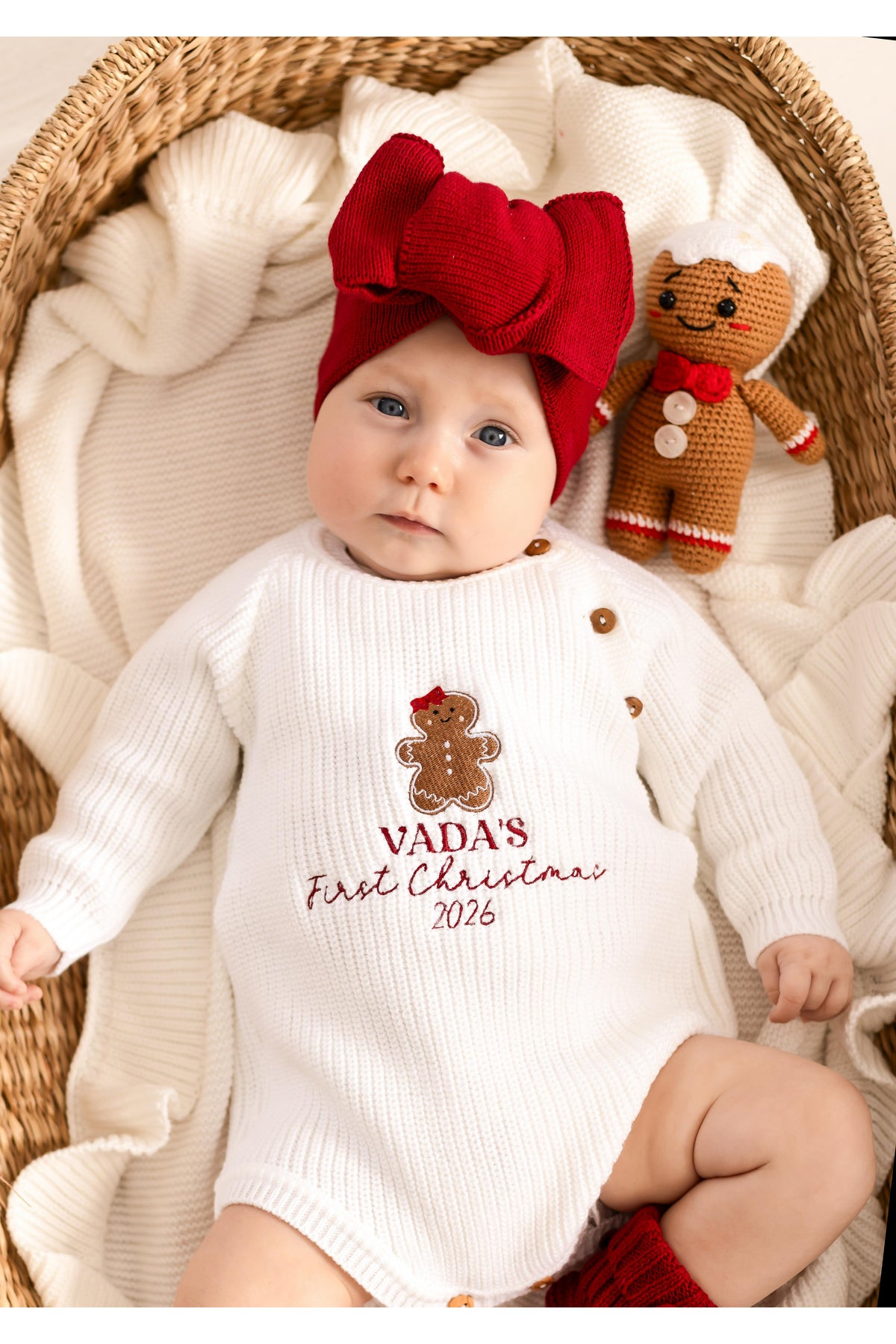 First Christmas Gingerbread Embroidered Personalised Knitted Baby Romper