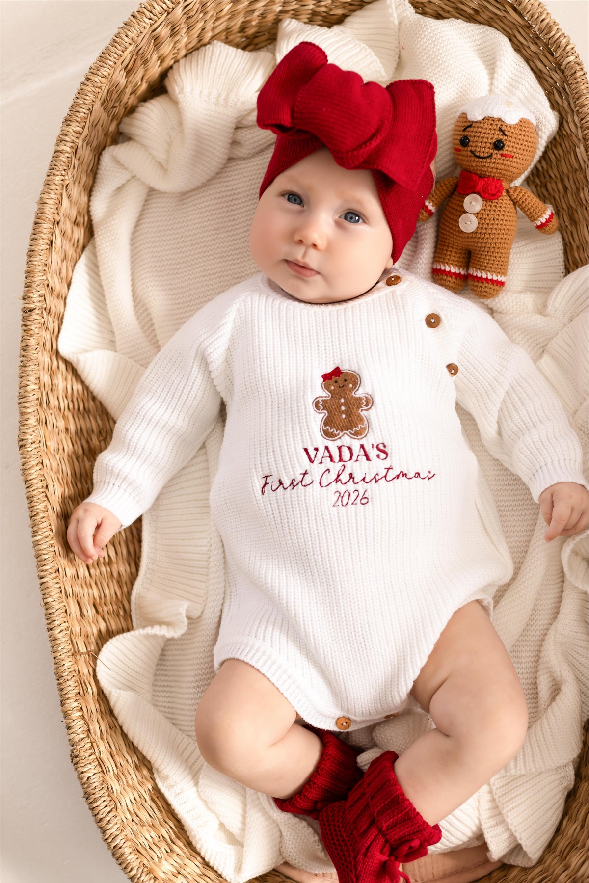 First Christmas Gingerbread Embroidered Personalised Knitted Baby Romper
