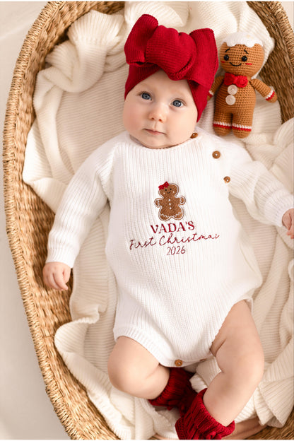 First Christmas Gingerbread Embroidered Personalised Knitted Baby Romper