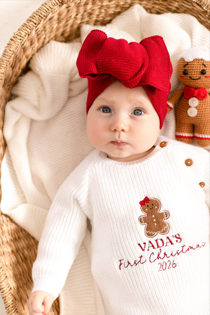 First Christmas Gingerbread Embroidered Personalised Knitted Baby Romper