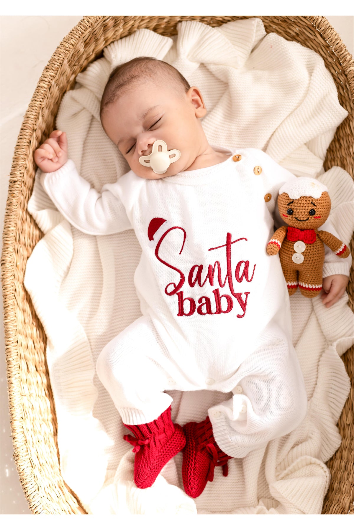 Santa Baby Embroidered Personalised Knitted Full length Romper