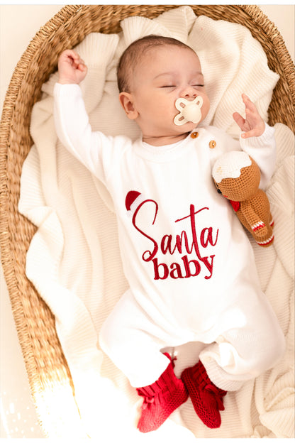 Santa Baby Embroidered Personalised Knitted Full length Romper