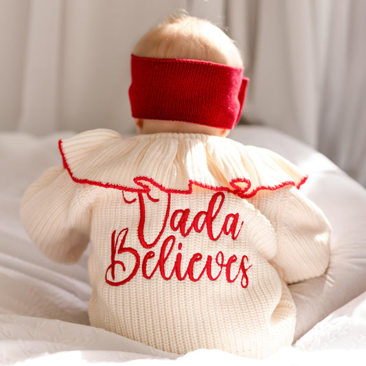 Personalised name Believes Contrast Frill Embroidered Knitted Cardigan