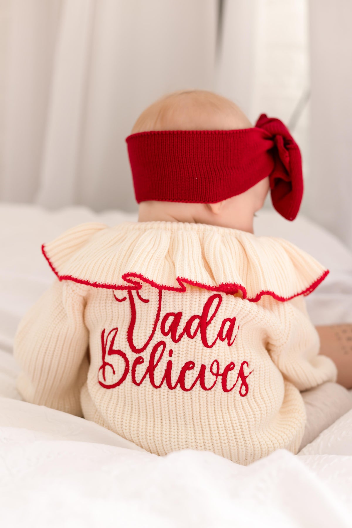Personalised name Believes Contrast Frill Embroidered Knitted Cardigan