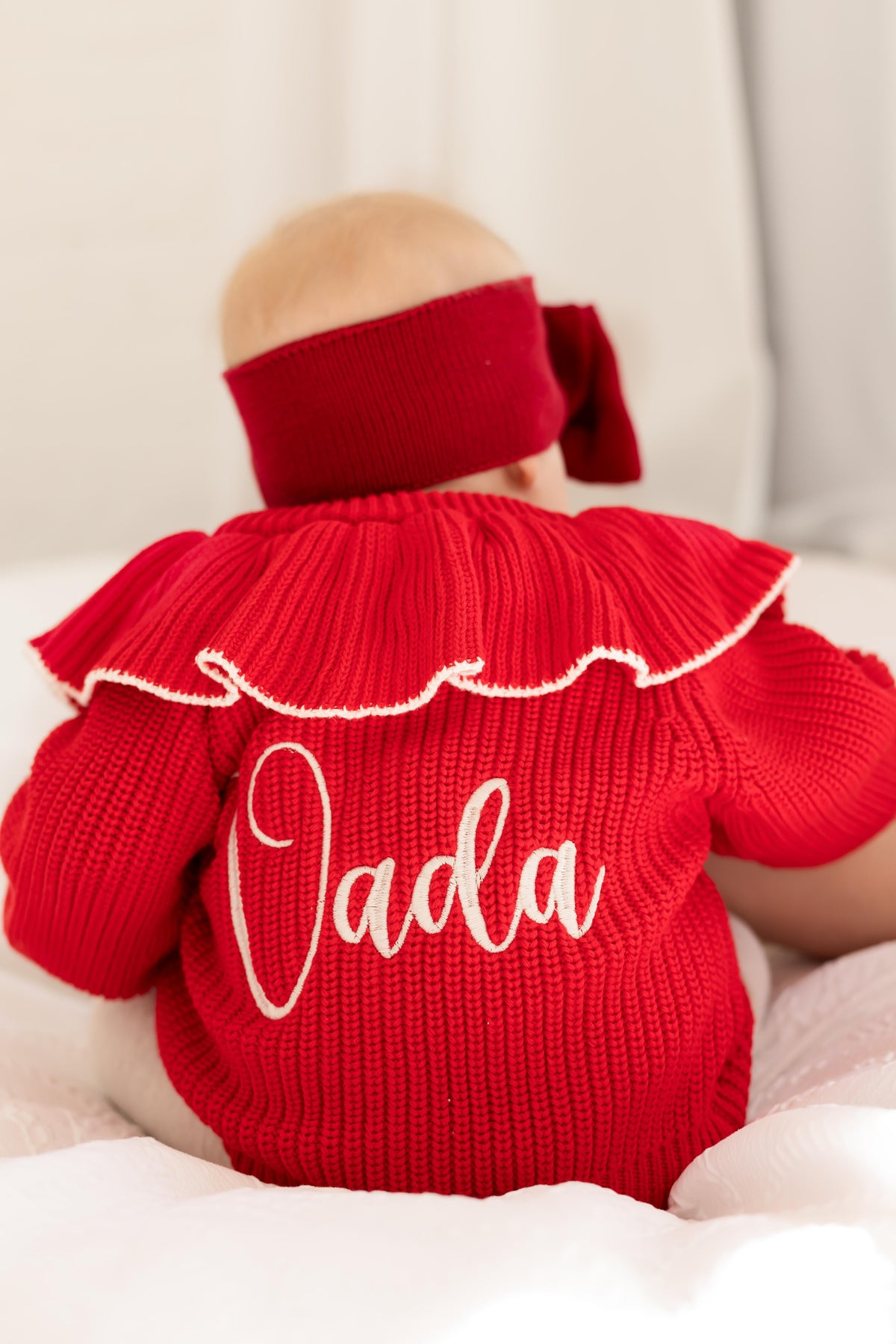 Personalised name Contrast Frill Embroidered Knitted Cardigan