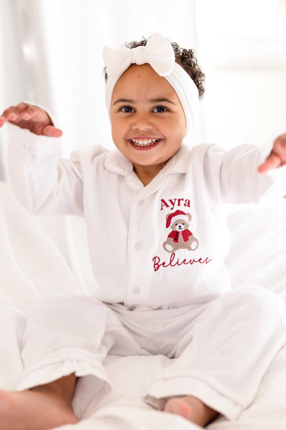 'When i wake' Christmas personalised embroidered front and back bear pyjamas