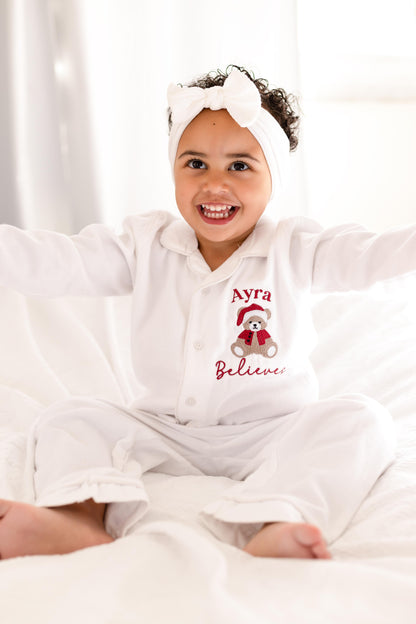'When i wake' Christmas personalised embroidered front and back bear pyjamas