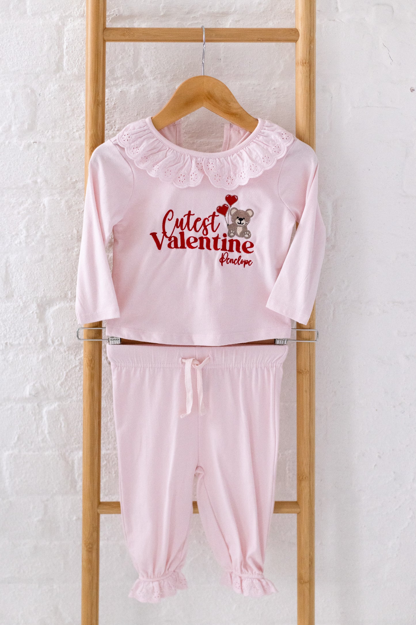 'Cutest Valentine' embroidered personalised frill collar pyjamas