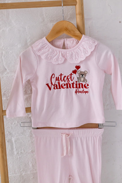 'Cutest Valentine' embroidered personalised frill collar pyjamas
