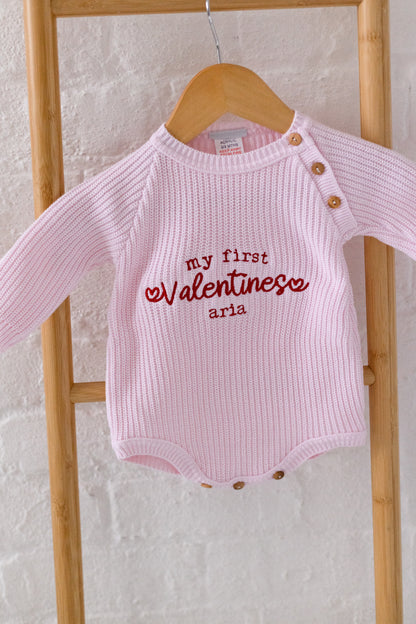 'My First Valentines' Embroidered Personalised knitted Romper