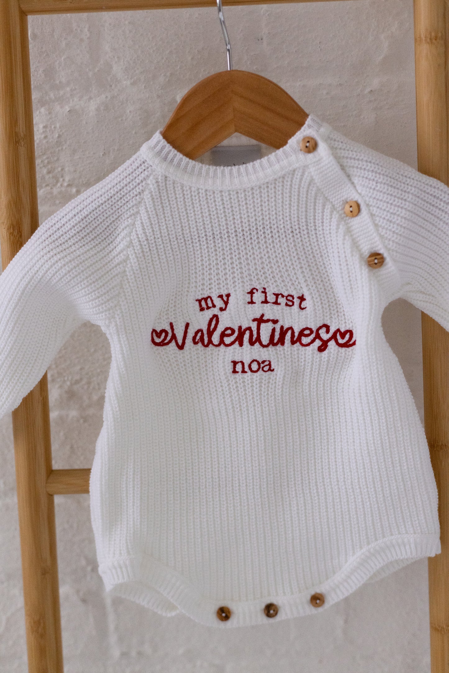 'My First Valentines' Embroidered Personalised knitted Romper