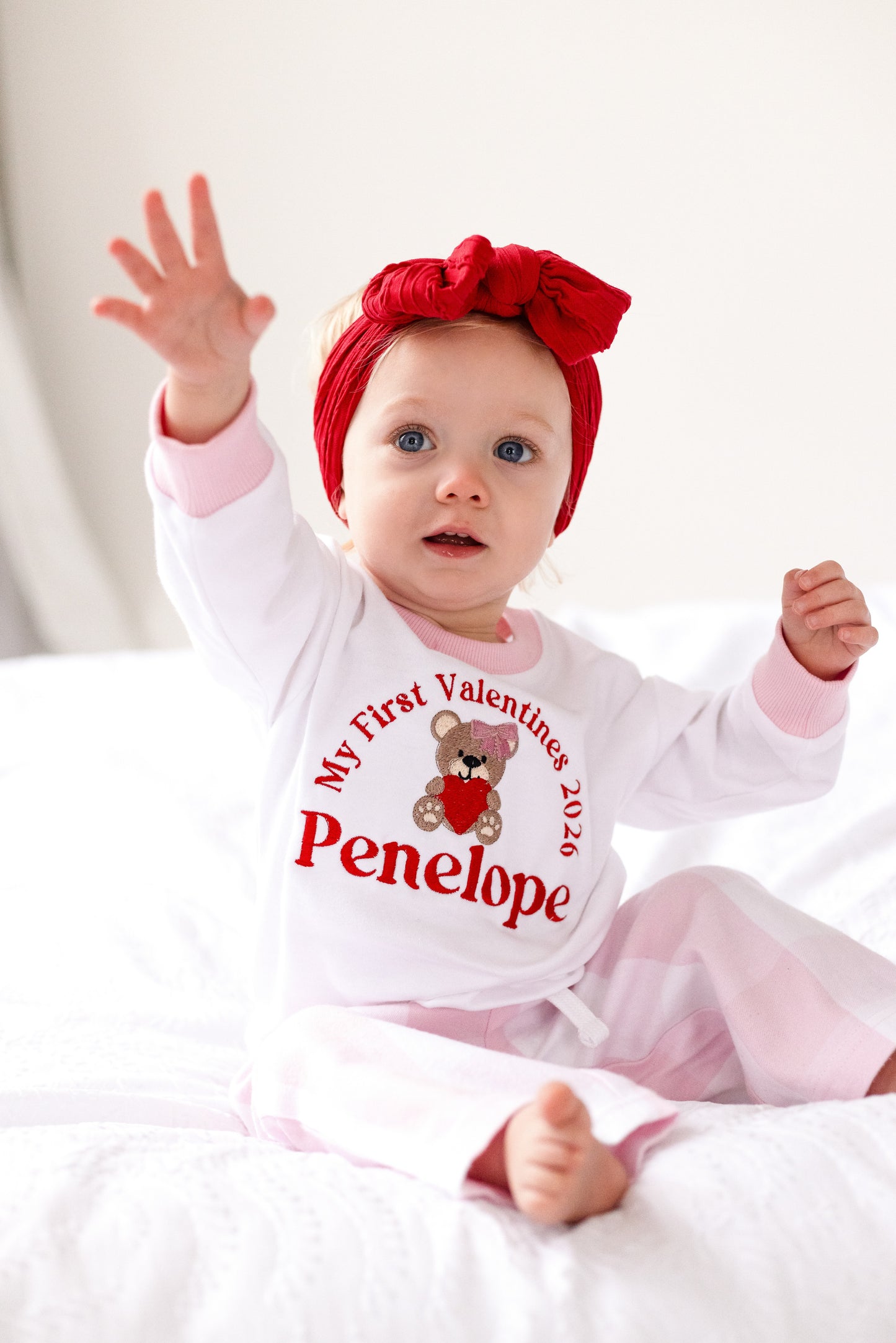 'My First Valentines' embroidered personalised bear checked pyjamas