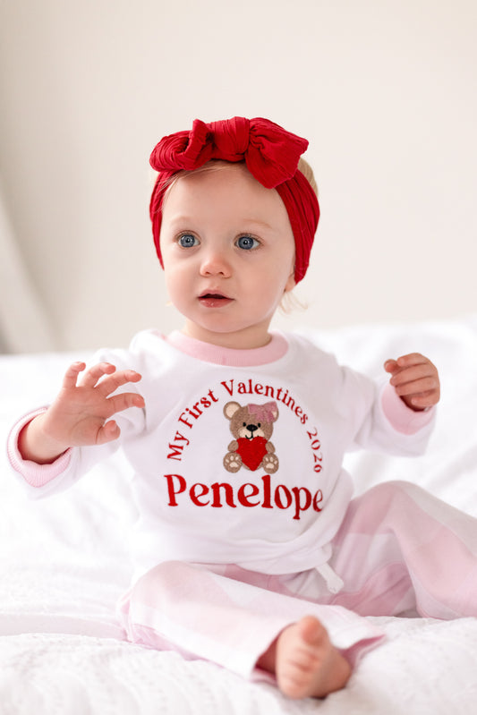 'My First Valentines' embroidered personalised bear checked pyjamas