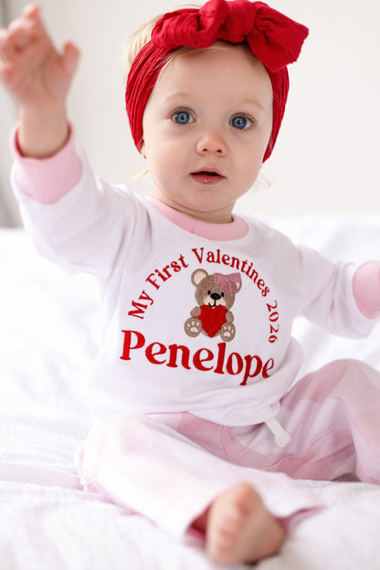 'My First Valentines' embroidered personalised bear checked pyjamas