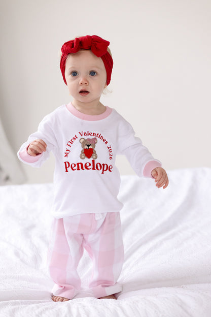 'My First Valentines' embroidered personalised bear checked pyjamas