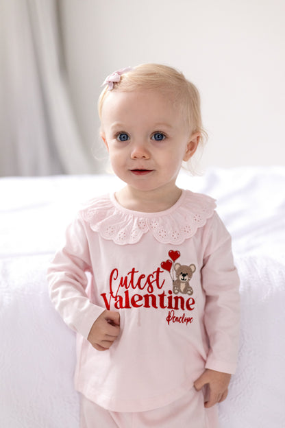 'Cutest Valentine' embroidered personalised frill collar pyjamas