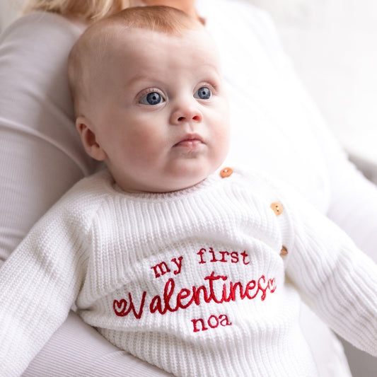 'My First Valentines' Embroidered Personalised knitted Romper