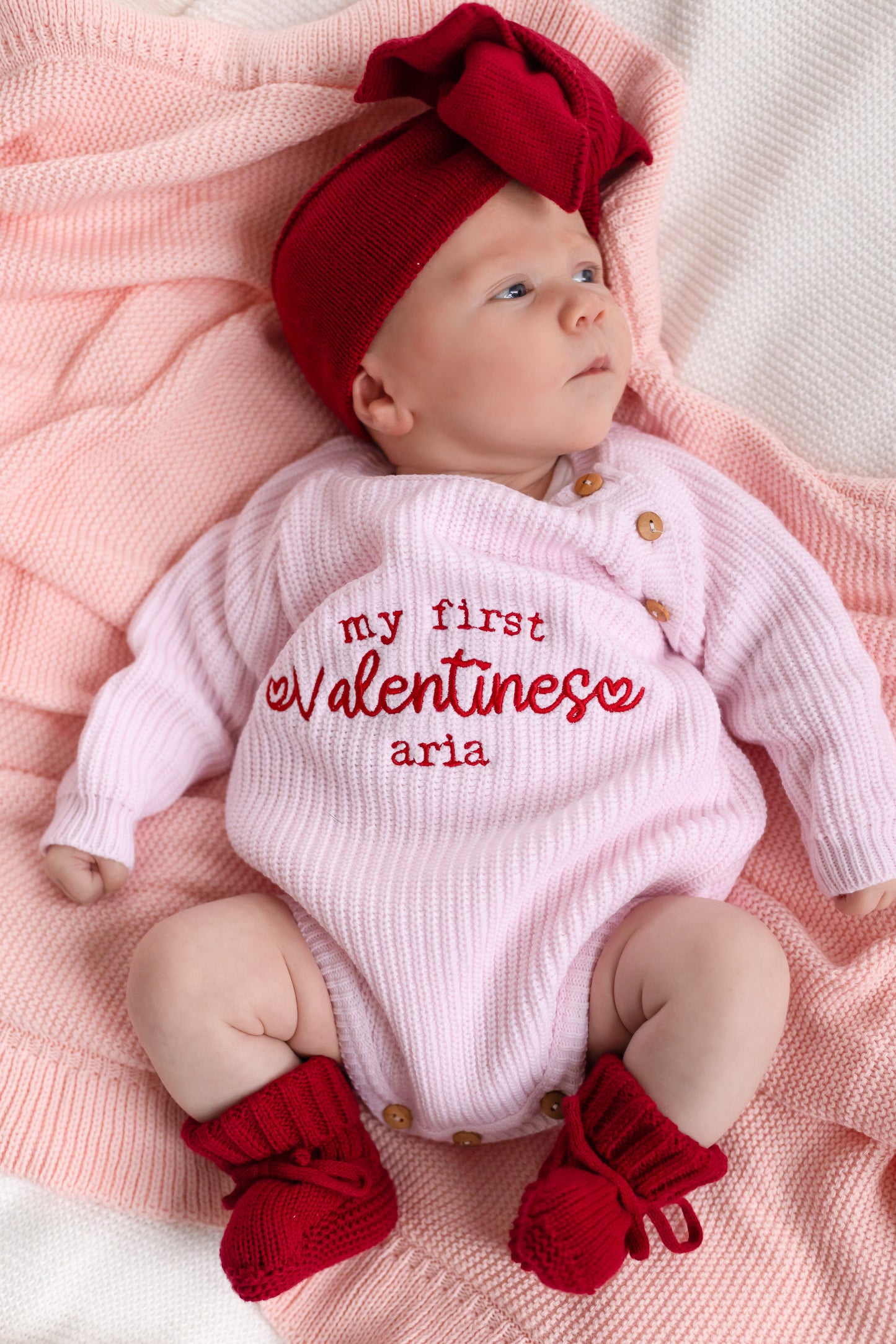 'My First Valentines' Embroidered Personalised knitted Romper