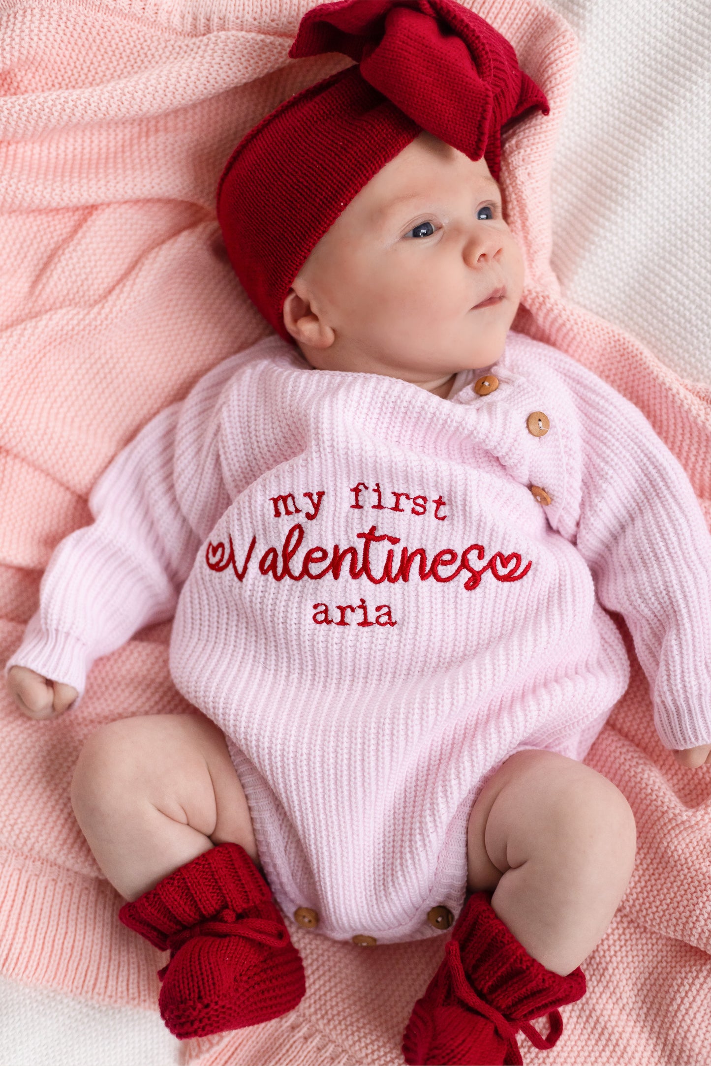 'My First Valentines' Embroidered Personalised knitted Romper