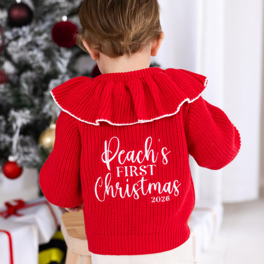 First Christmas 2026 Contrast Frill Embroidered Personalised Cardigan