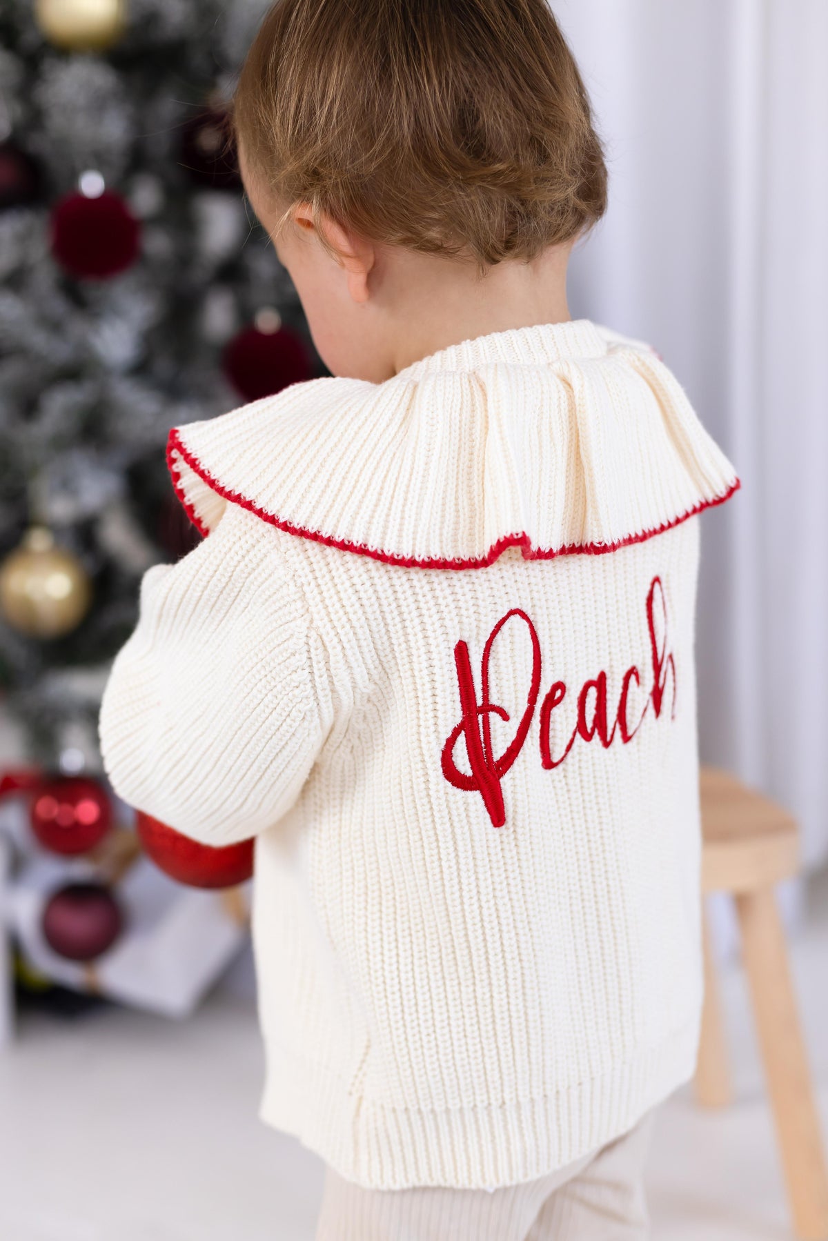 Personalised name Contrast Frill Embroidered Knitted Cardigan