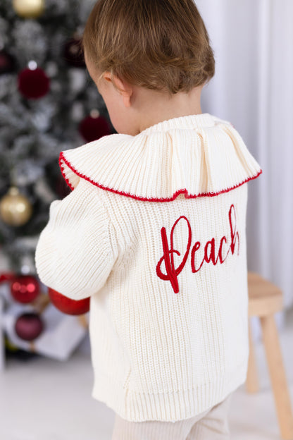 Personalised name Contrast Frill Embroidered Knitted Cardigan