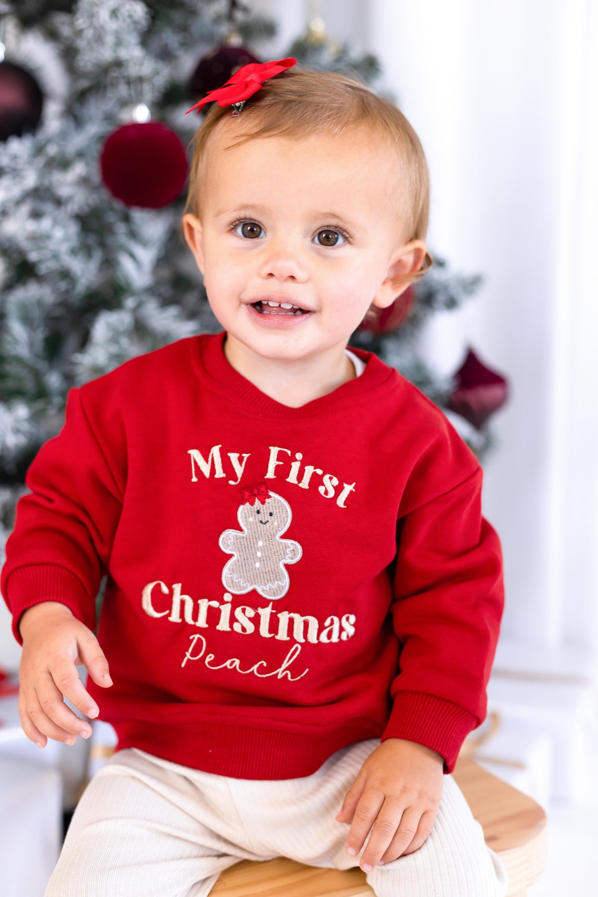 'First Christmas' Gingerbread Personalised Embroidered Sweatshirt (optional bow)