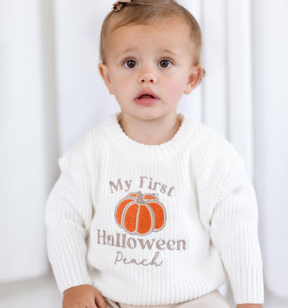 'My First Halloween' Pumpkin Personalised Embroidered knitted jumper