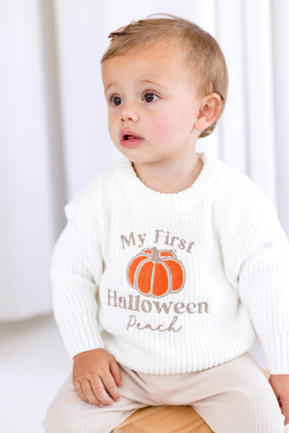 'My First Halloween' Pumpkin Personalised Embroidered knitted jumper