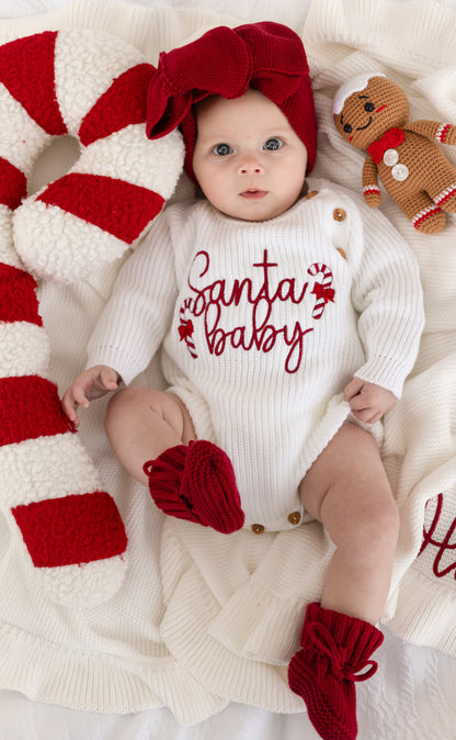 White Christmas Santa Baby Embroidered Romper