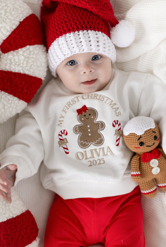 'First Christmas' Gingerbread personalised embroidered sweatshirt (optional bow)