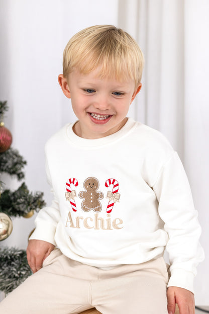 Gingerbread and Candy Cane Embroidered Personalised Christmas Jumper