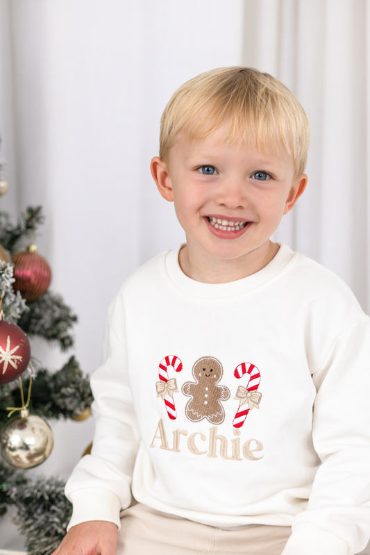 Gingerbread and Candy Cane Embroidered Personalised Christmas Jumper