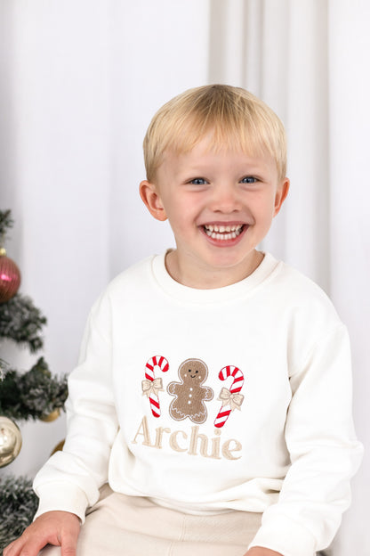 Gingerbread and Candy Cane Embroidered Personalised Christmas Jumper