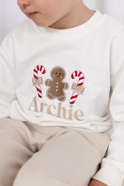Gingerbread and Candy Cane Embroidered Personalised Christmas Jumper