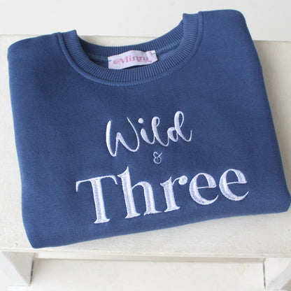 'Wild and Three' birthday embroidered sweatshirt