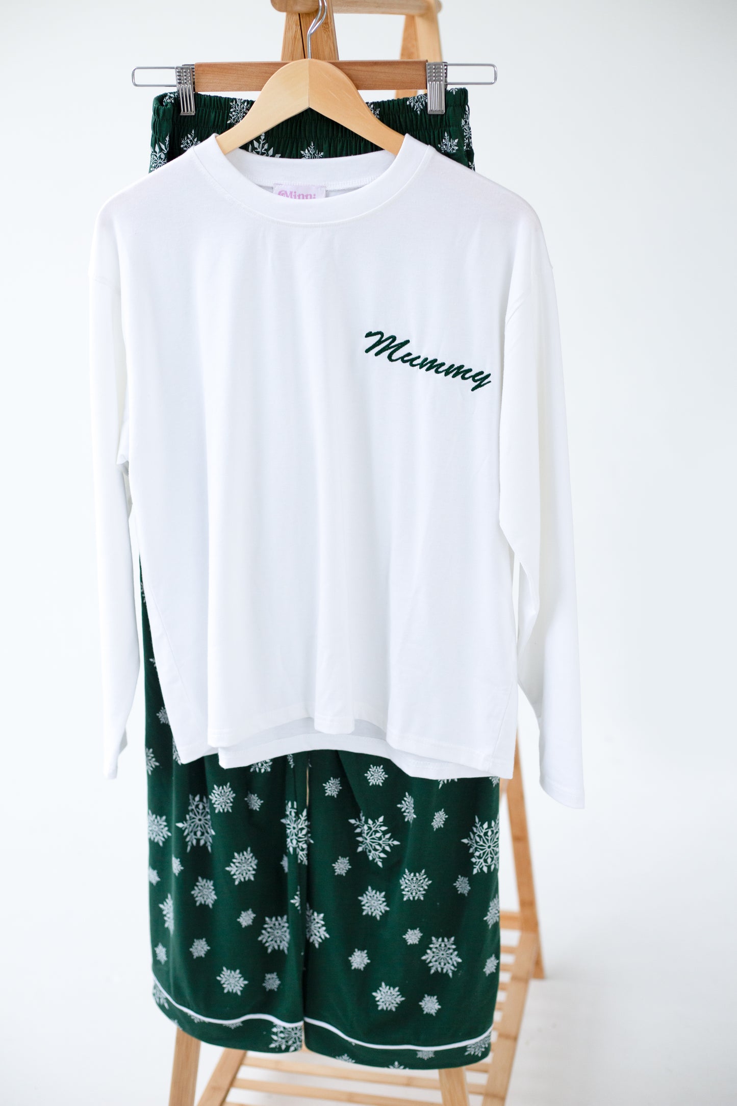 Family Christmas personalised snowflake jersey pyjamas in green and red